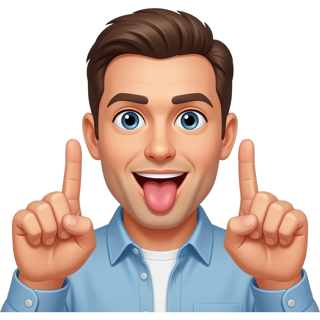 Head and face of man holding up two fingers fore figure and middle finger split wide at his mouth and tongue sticking out licking between the two fingures emoji