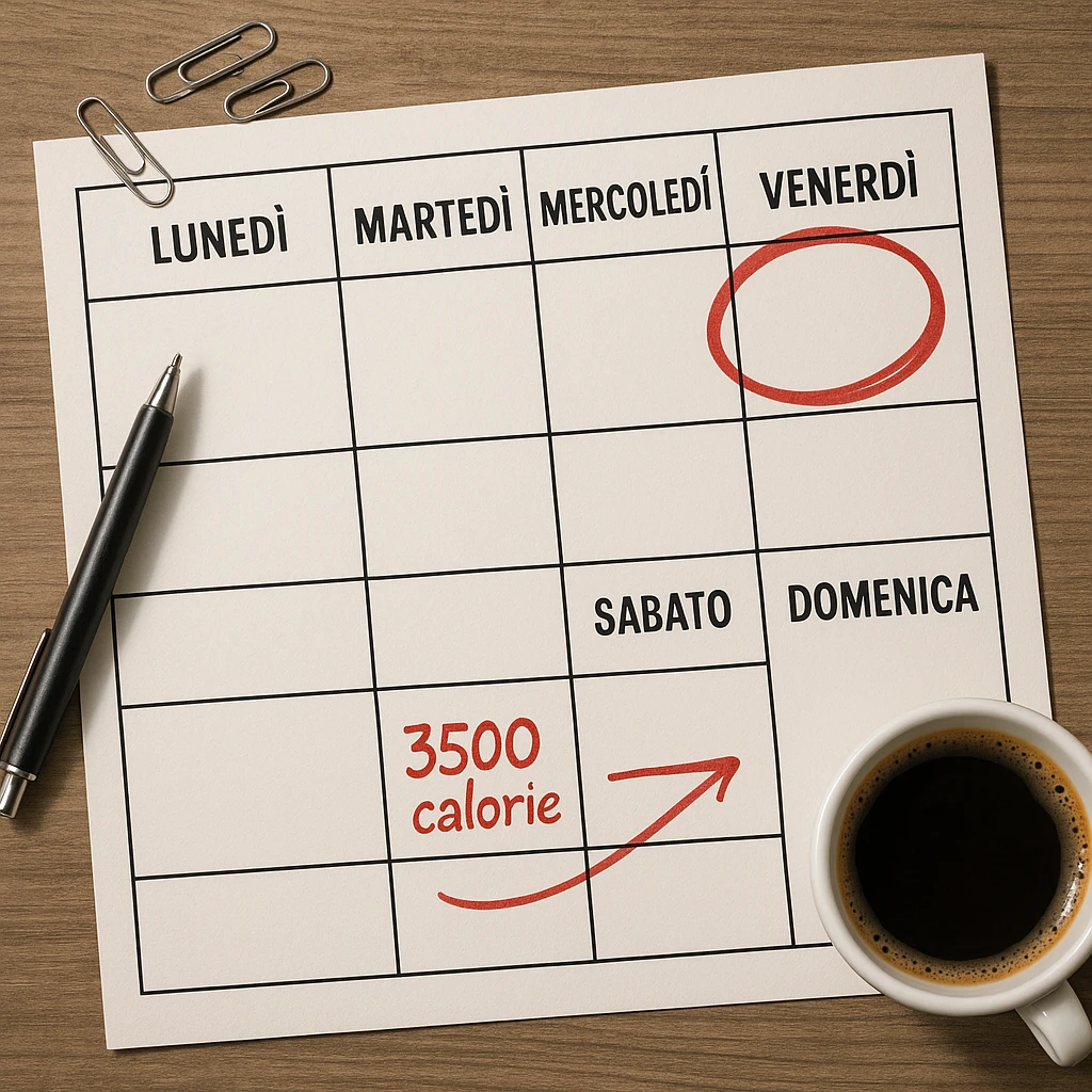 Hyperrealistic top-down view of a weekly calendar in Italian, showing days from Monday to Sunday. Friday is circled in red. Below both Saturday and Sunday, the text '3500 calorie' is connected by a red arrow linking both days. The scene has 4K details and a desk atmosphere. emoji