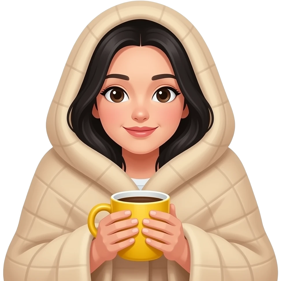 A cute white woman with black hair, with a large beige blanket, and a coffee in a yellow mug, very cozy, iPhone emoji style emoji