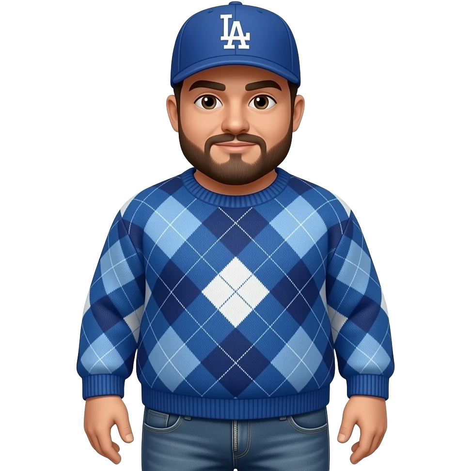 Slightly chubby with light carmel skin tone  with lightly shaved black beard wearing a blue Los Angeles Dodgers logo baseball cap wearing a blue long sleeve sweater with big square patterns on it wearing grey jeans with side pant leg zipper pockets emoji