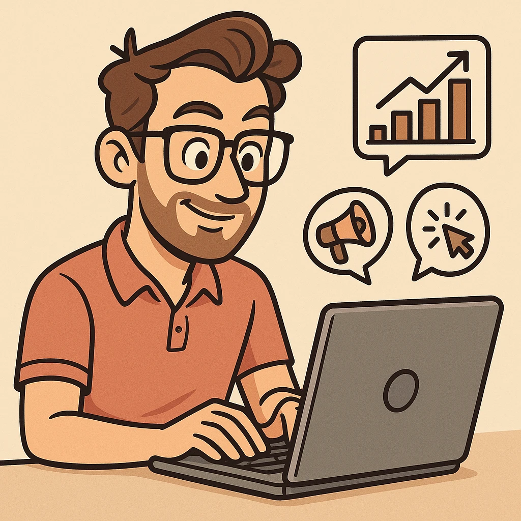 an articulate marketer, using a laptop, focused, creative, trendy glasses, digital marketing vibe emoji
