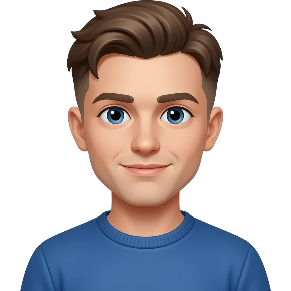 BW - young man, blue eyes, early 20s, light brown skin fade floppy 2cm length on top hair, blue jumper emoji