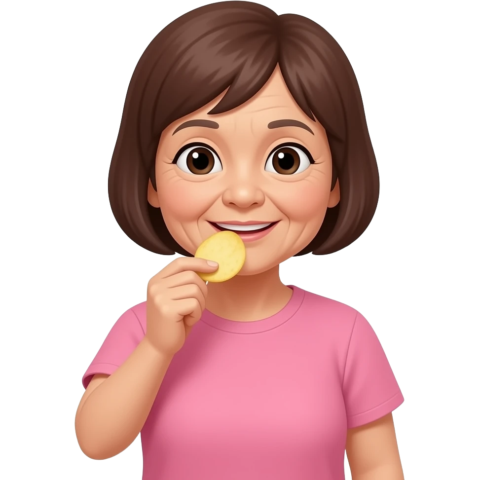 Asian grandma wearing pink tshirt with very short brown hair eating potato chips emoji