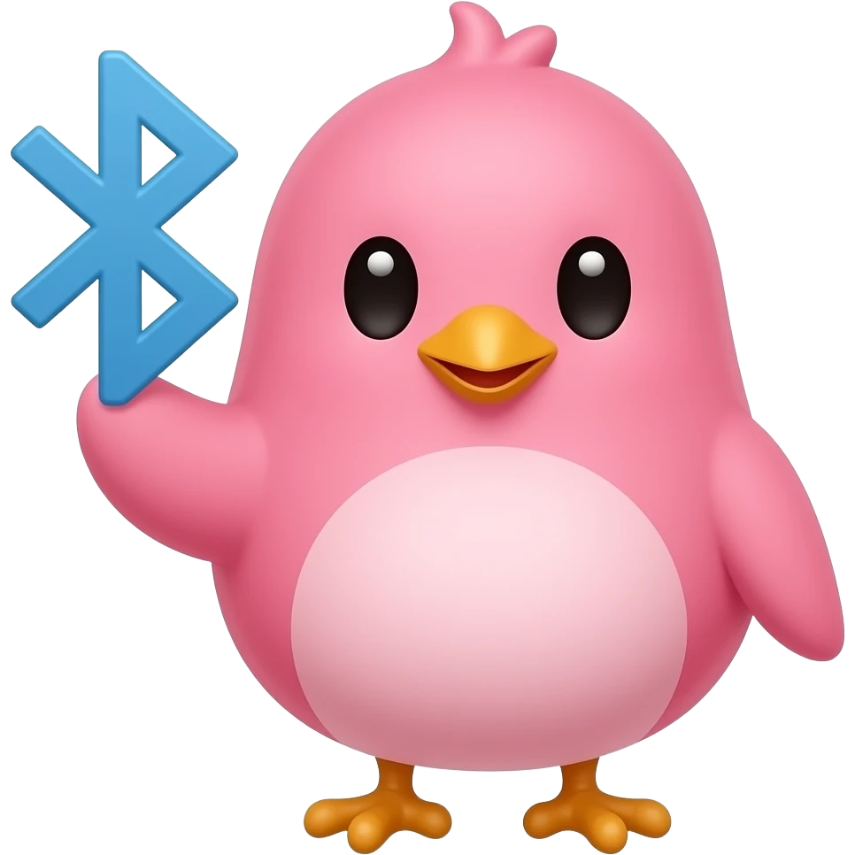 lovable small pink bird holding up a bluetooth symbol to the camera. the image must be a transparent .png emoji