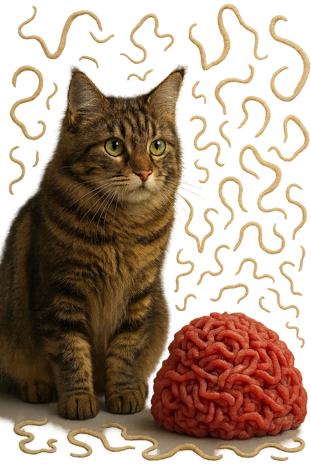 gatto stupendo e macinato di carne poco cotta a montagnetta stanno l'uno accanto all'altro con dei parassiti come la tenia che gli fluttuano intorno, iperrealistica 4k emoji