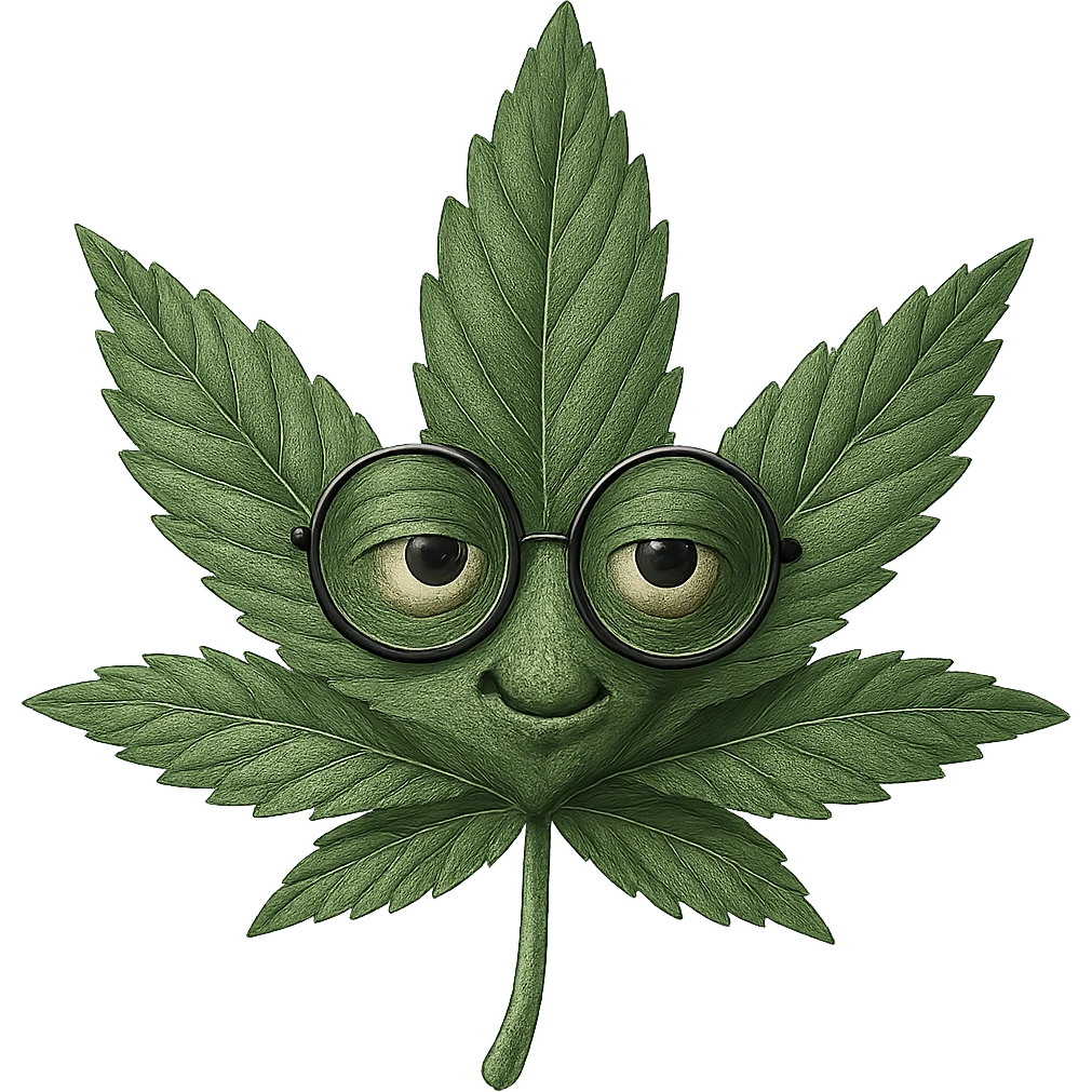 Make this weed leaf with round glasses look more realistic, keep the glasses, and maintain no background. The style should be realistic with natural textures and details on the leaf and glasses. emoji