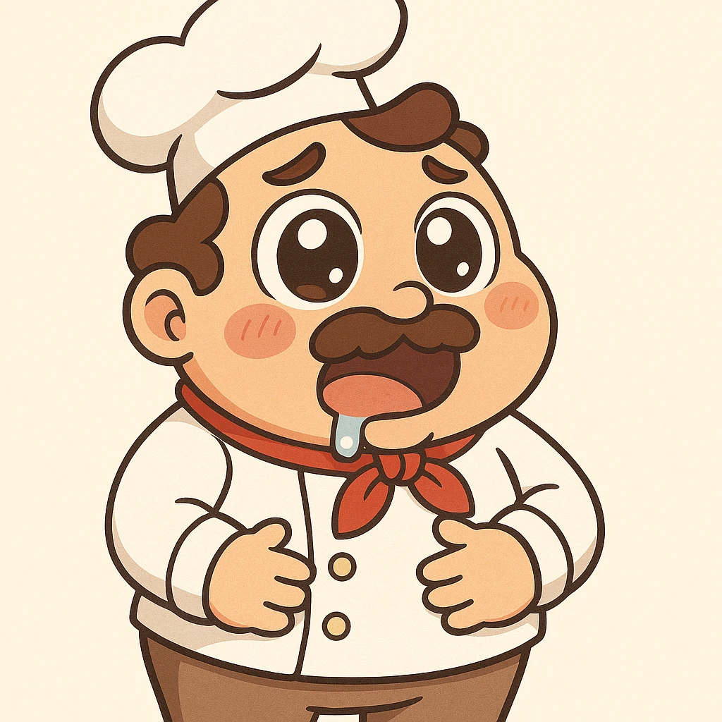 Make the chef look extremely hungry with big eyes, drooling, clutching his stomach, cartoon style with a light background. emoji