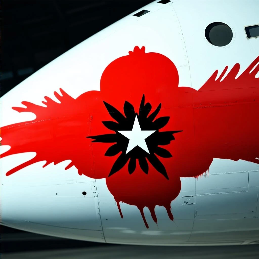 a red flower flight insignia, splashed in red paint across the side of a space jet fuselage emoji