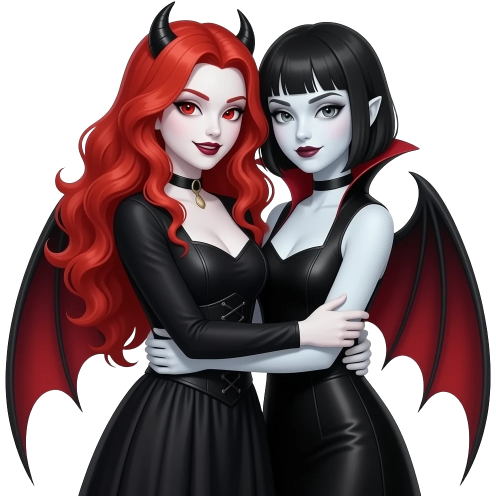 Vampiro femmina  con pelle bianca capelli lunghi  rosso fuoco ondulati e lache indossa una vestito stretto in vita e largo sotto nero con maniche lunghe e anfibi che arrivano alle ginocchia insieme a un vampiro femmina con la pelle bianca i capelli  corti lisci e la frangetta che si abbracciano emoji