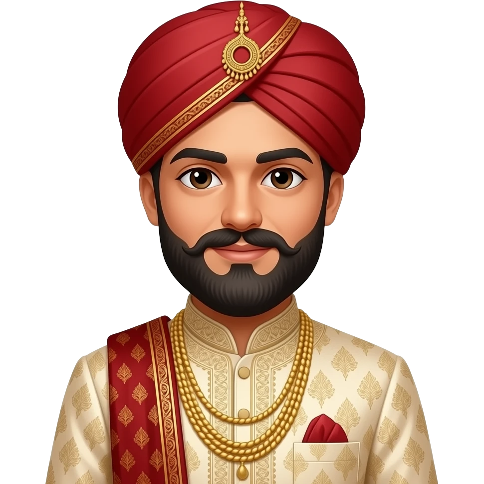 A Pakistani groom with a long beard in traditional cream sherwani and red headwear and shawl emoji