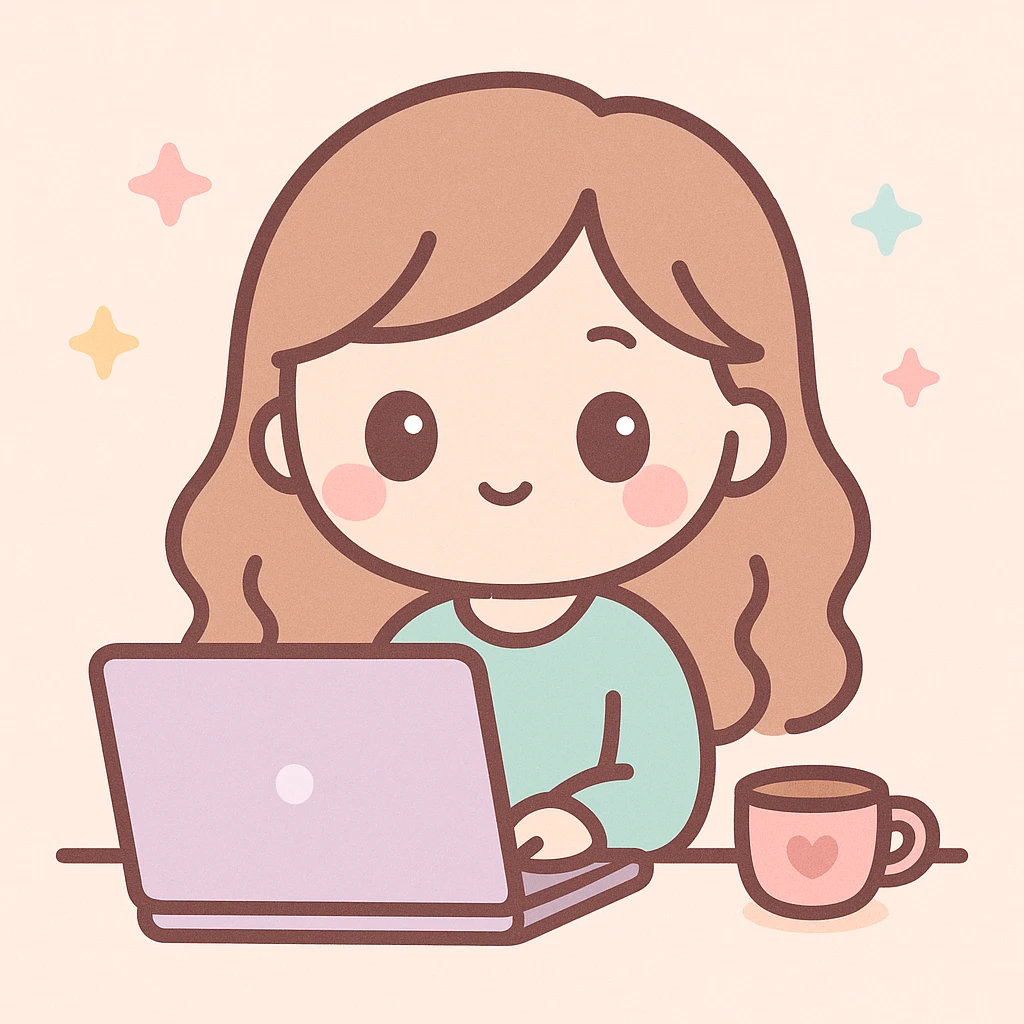 woman working on a laptop with coffee, kawaii cartoon style emoji