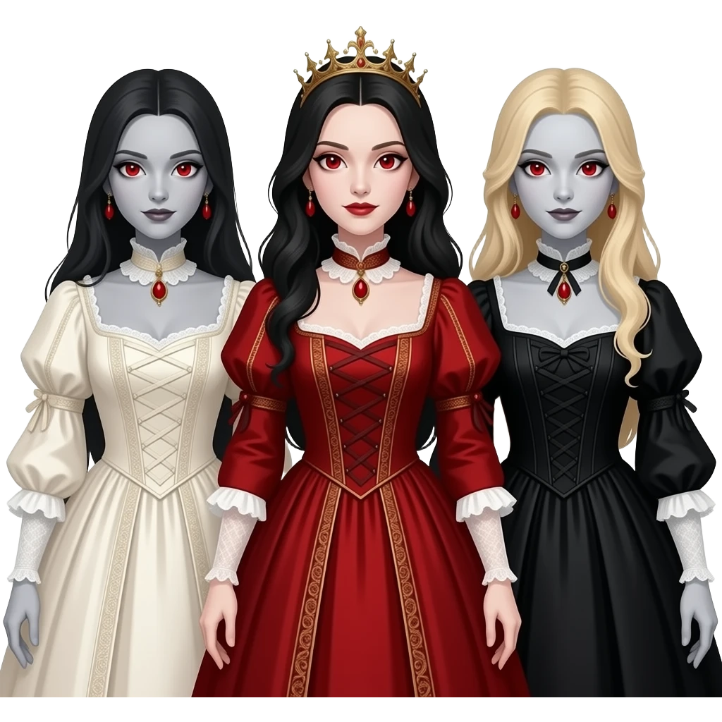 Brides of Dracula with 2 long dark-haired girls with pale grey skin, red eyes, one ivory queen anne dress, one red queen anne dress, long blond-haired girl with pale grey skin, red eyes black queen anne dress emoji