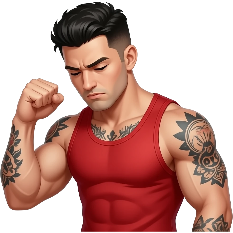 A strong buff gym guy with dark black hair and tattoos and a red tank clenching his fist in defeat with his head down saying dahm emoji