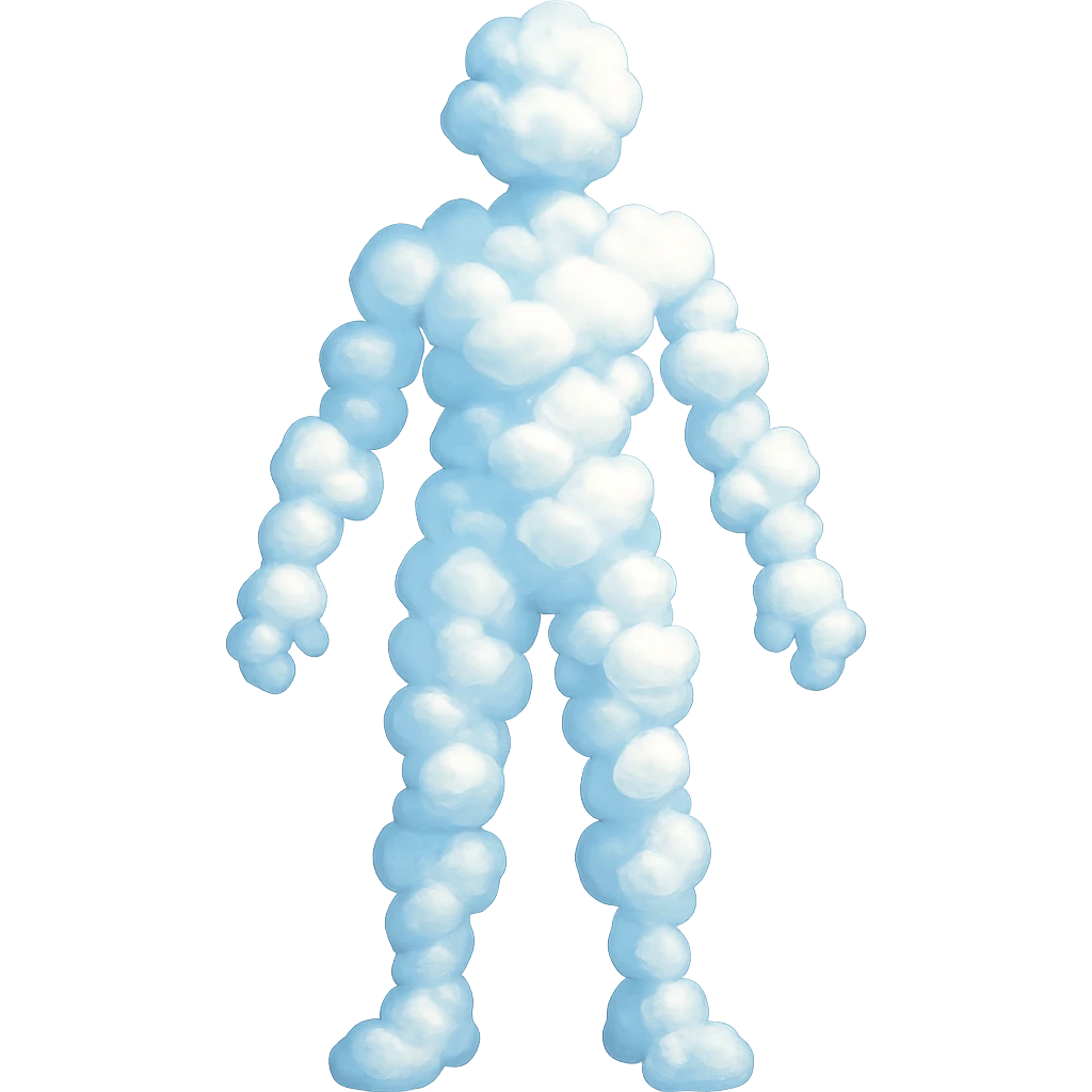 a person composed of many small clouds, bright and recognizable, no text emoji