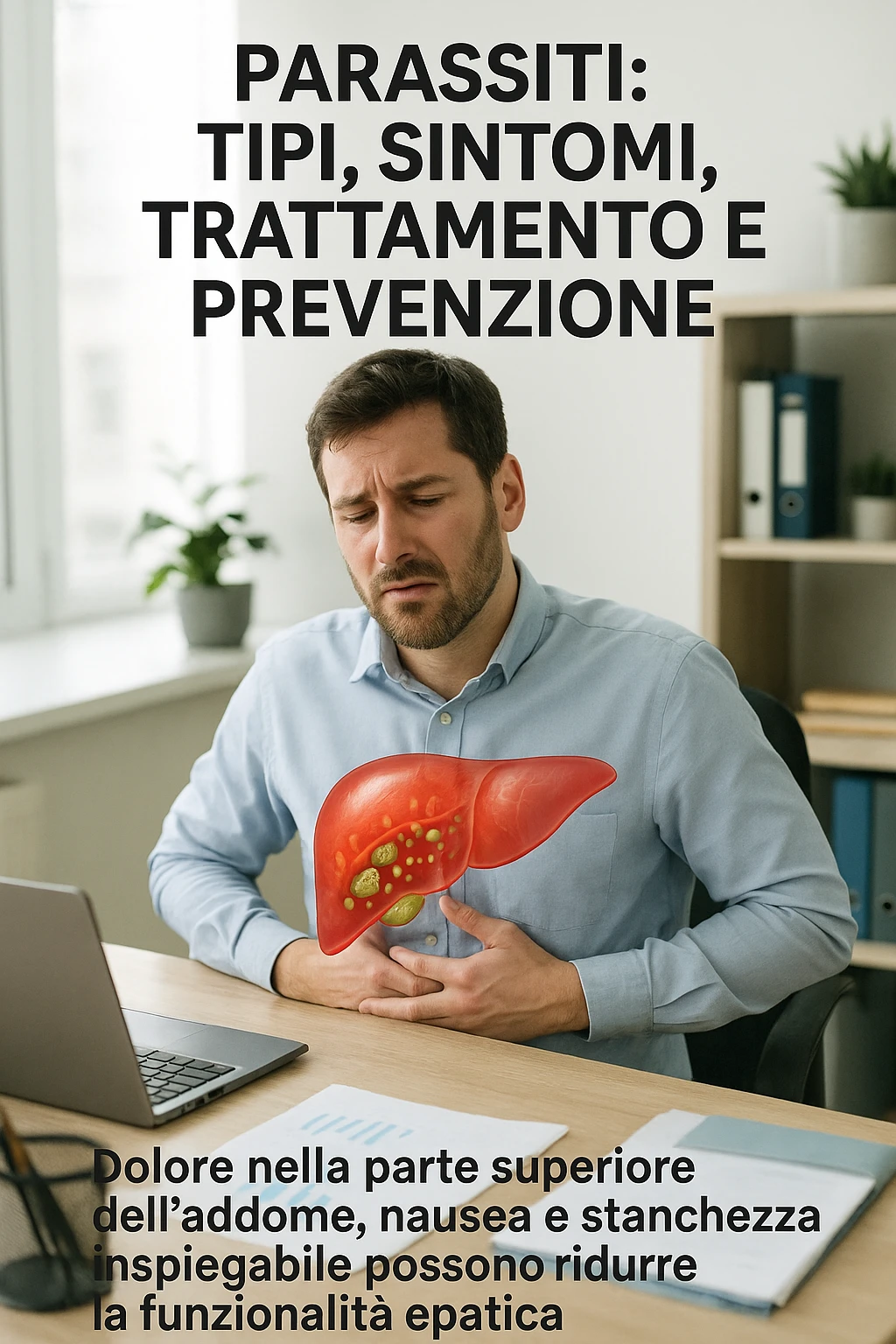 Man sitting at office desk experiencing subtle symptoms of liver dysfunction, upper abdominal pain, nausea, and unexplained fatigue Parasites: Types, Symptoms, Treatment & Prevention, expression of confusion about vague health issues, liver shown in transparent overlay with early inflammation, toxins beginning to accumulate in bloodstream, productivity declining as liver struggles to filter properly in italiano emoji