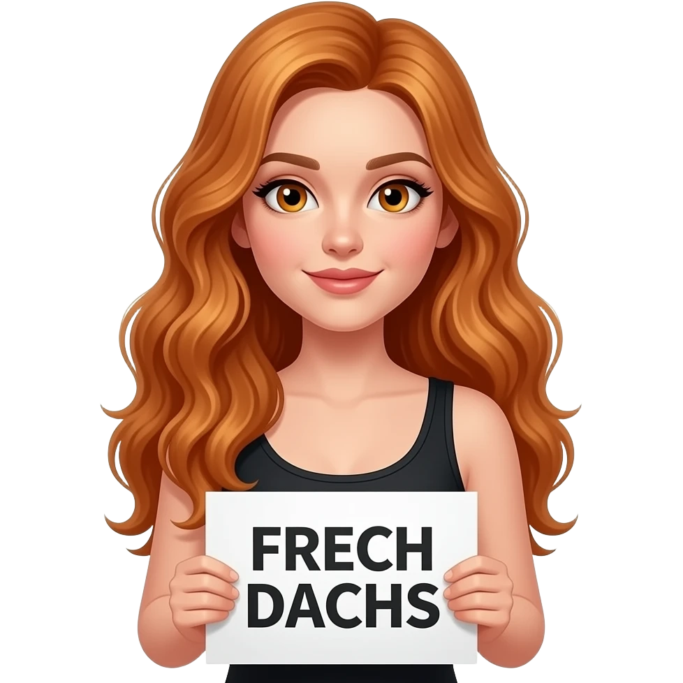 sexy girl with long wavy ginger hair and ginger eyes wearing a black tanktop is holding a white sign with FRECH DACHS written on it emoji