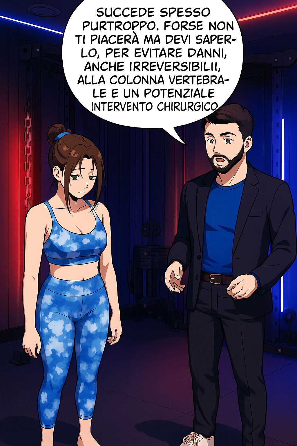 fai questa immagine in versione fumetto/manga/webtoon a colori, il manga mostra l'uomo che risponde alla donne:
Succede spesso purtroppo. 
Forse non ti piacerà ma devi saperlo, per evitare danni, anche irreversibili, alla colonna vertebrale e un potenziale intervento chirurgico. emoji