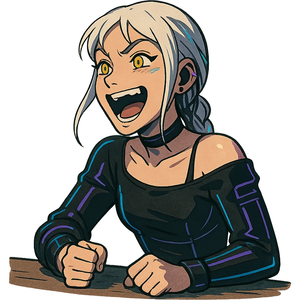  she is laughing outrageously and pounding her fist on the table, eyebrows pointed up, a closeup portrait of young woman with gold yellow eyes, white hair, long braid, black off-shoulder top, punk gothic style, futuristic cyberwave cyberpunk, sitting position
 emoji