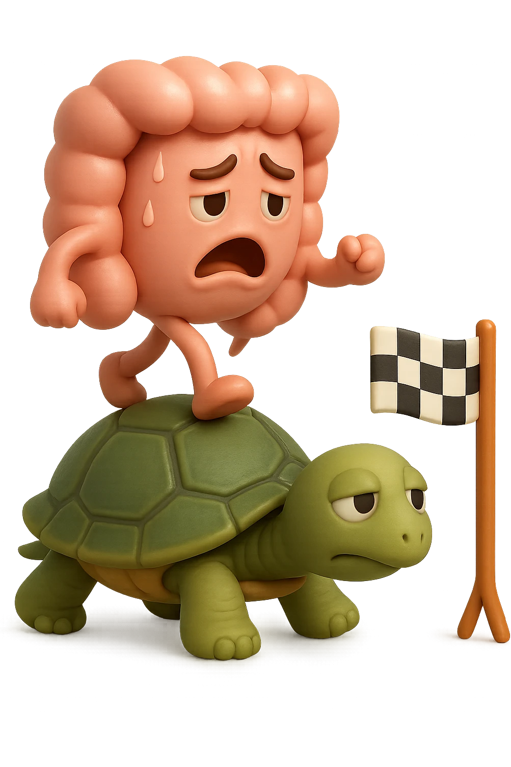  EMOJI STILE IPHONE 3D DI UN INTESTINO CON ESPRESSIONE ANGOSCIATA CHE CAMMINA SUL GUSCIO DI UNA TARTARUGA IN ATTESA ESTENUANTE DI RAGGIUNGERE UN TRAGUARDO POCO PIù AVANTI, SULLA LORO DESTRA. IL TRAGUARDO è UNA BANDIERA A DUE PIEDI CON FASCIA A SCACCHI BIANCHI E NERI. iperrealistico 4k emoji