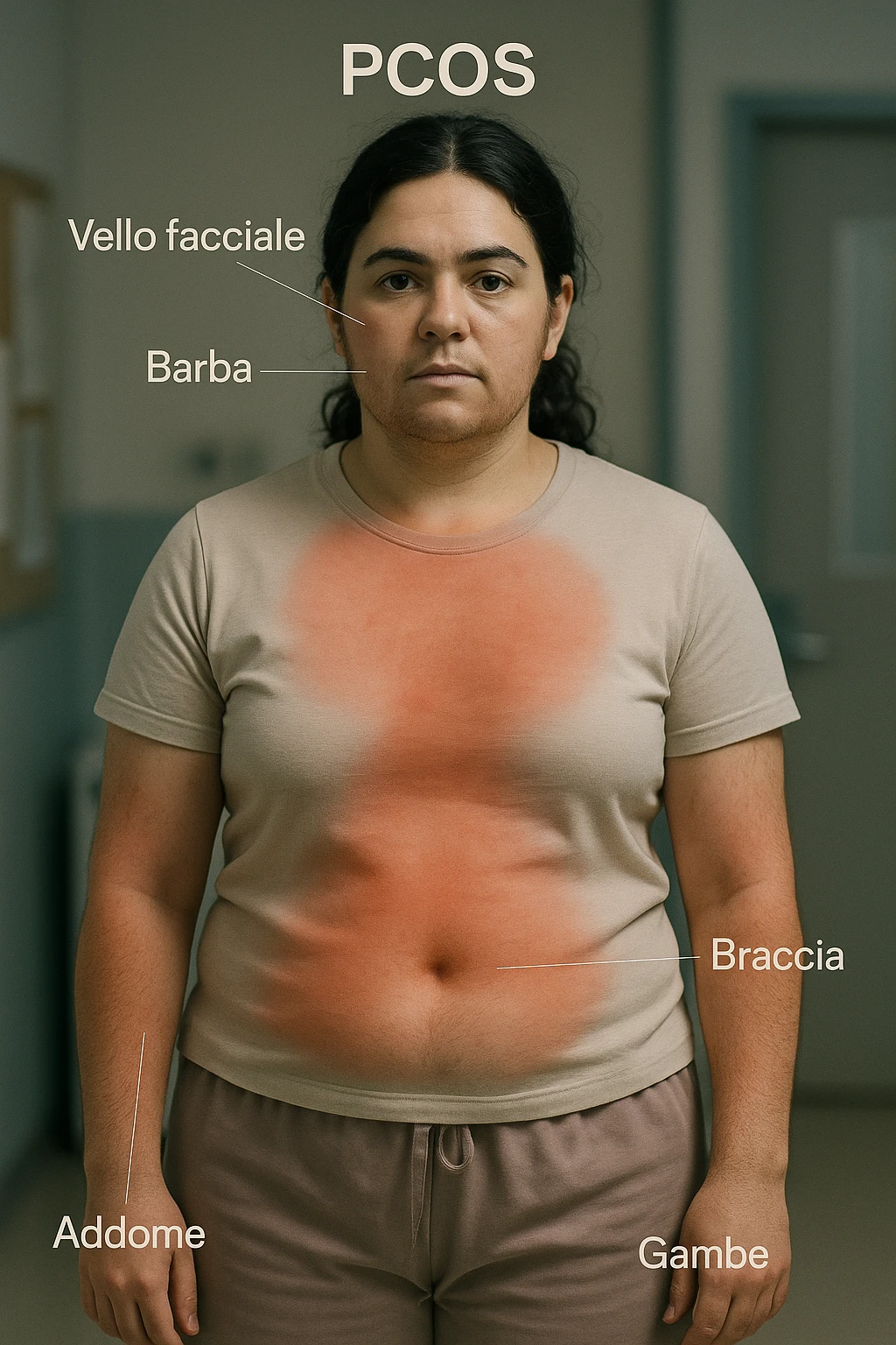 Realistic and cinematic vertical image of a woman with PCOS. Anatomically highlight with colors or transparencies the areas most affected by excess hair (face, chin, chest, abdomen, arms, legs). Clinical atmosphere with captions in Italian. Aspect ratio 2:3. emoji