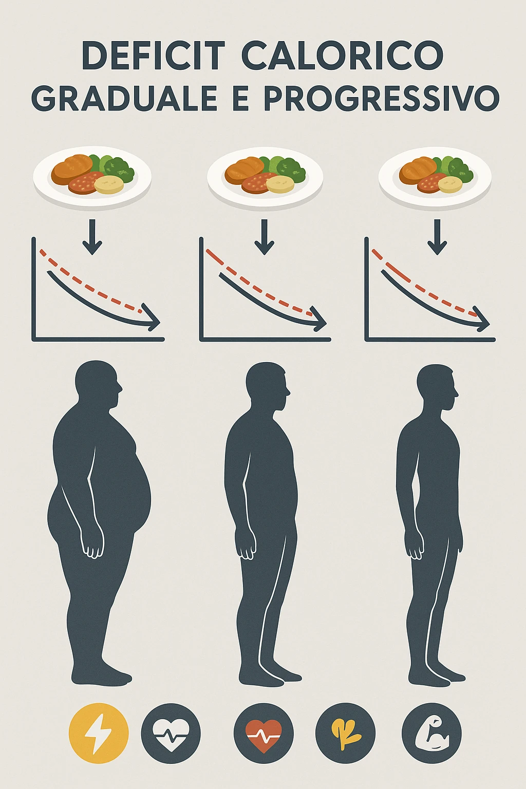 una sequenza di tre sagome umane affiancate, ognuna rappresenta una fase diversa di perdita di peso graduale. Sopra ogni figura, un piatto mostra porzioni di cibo bilanciate ma leggermente ridotte. Frecce e grafici illustrano una diminuzione lenta e costante dell’apporto calorico giornaliero, con icone che rappresentano energia, salute e mantenimento della massa muscolare. Sfondo pulito e moderno, con etichette chiare che spiegano “deficit calorico graduale e progressivo” in italiano emoji