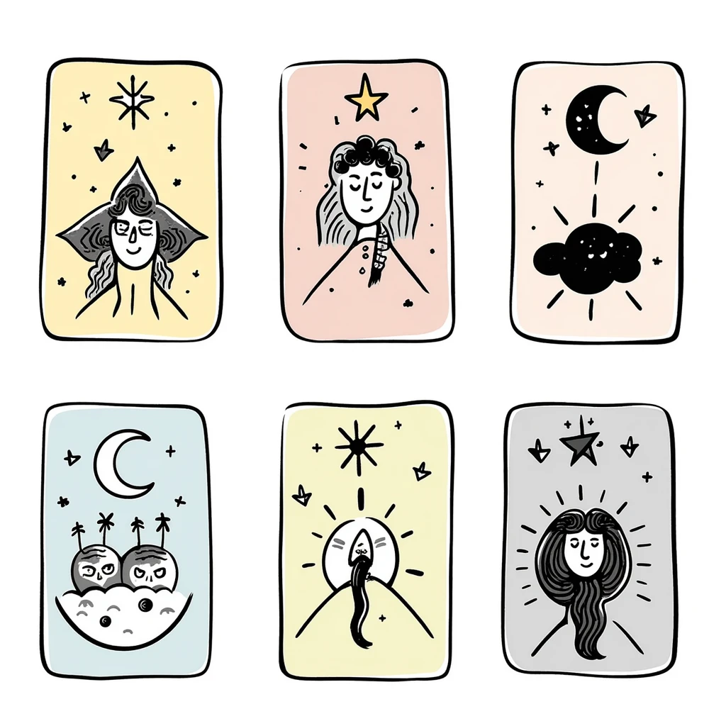 Tarot cards with mystical symbols in pastel colors (dd9fb0, ffc6d3, a3bfc9, c4bee2, f1b091), hand-drawn doodle style emoji