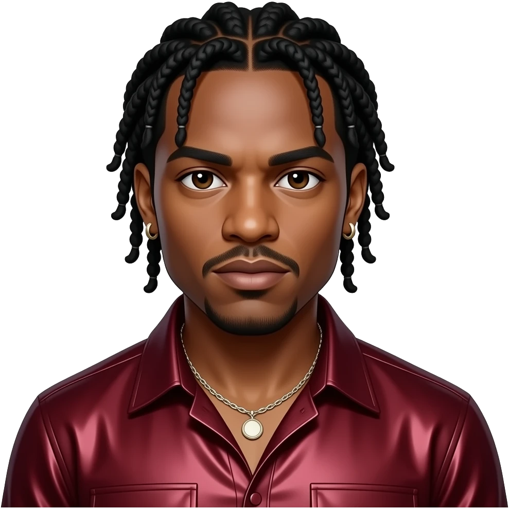 D'Angelo, R&B Singer with dark brown eyes, black cornrows, dark red metallic shirt, necklace and earrings emoji