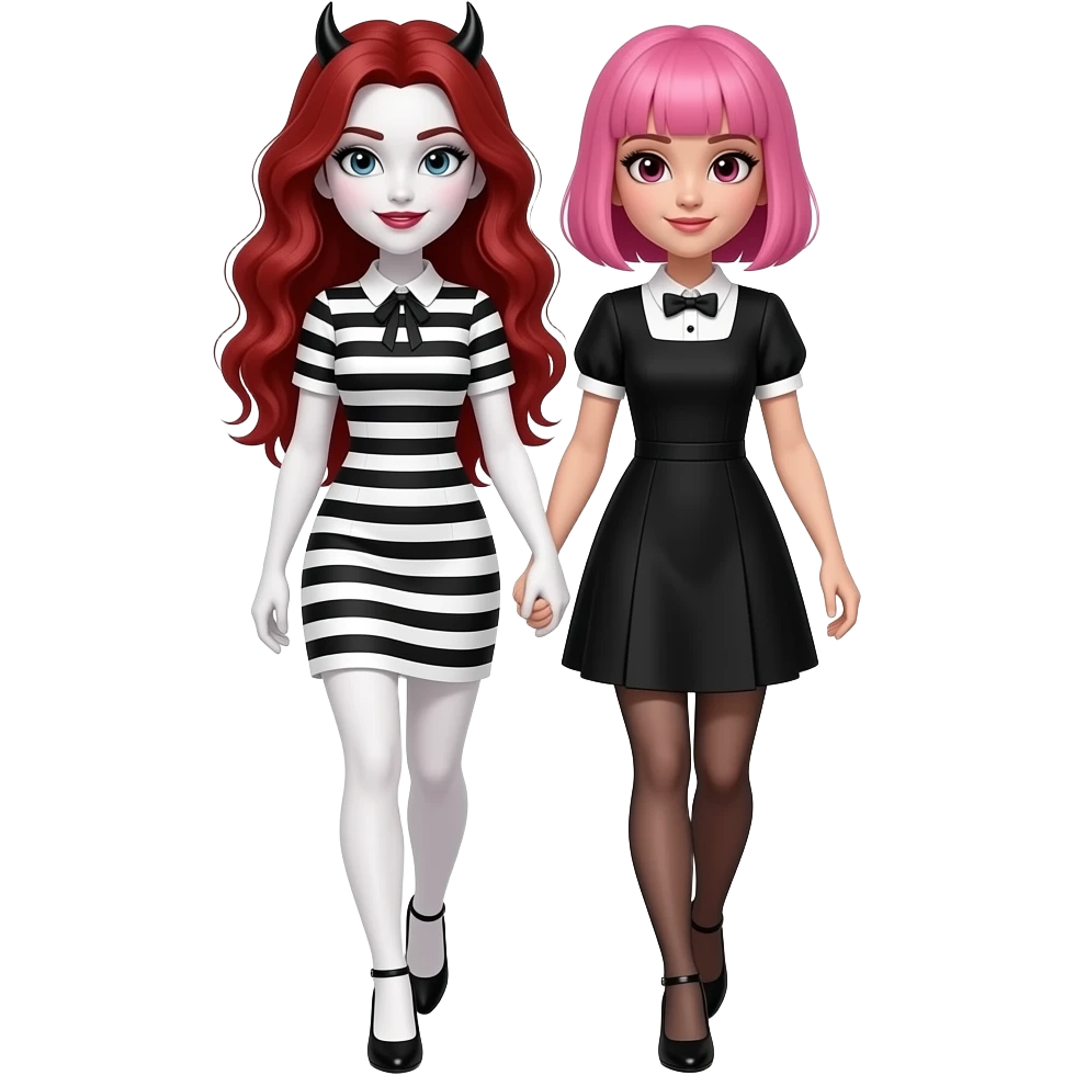 Vampiro femmina ADOLESCENTE con pelle bianca e capelli rosso ondulati lunghi che indossa un tubino a strisce NERE e BIANCHE ORIZZONTALI e il colletto con le maniche cortee bianche e dei tacchi neri che cammina a braccetto insieme alla sua amica VAMPIRO femmina che ha i capelli rosa e frangia emoji