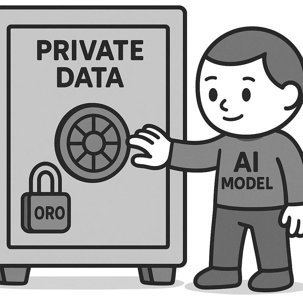 A figure labeled 'AI Model' trying to access a vault labeled 'Private Data'. The vault is secured with a lock labeled 'ORO'. emoji