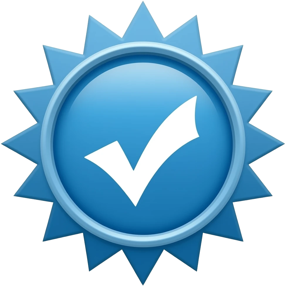 A flat water color type icon of a blue verification badge with a circular center and 12-pointed jagged starburst edge, solid medium blue fill, thick white checkmark in the center, simple minimal design, no background, isolated on transparent. emoji