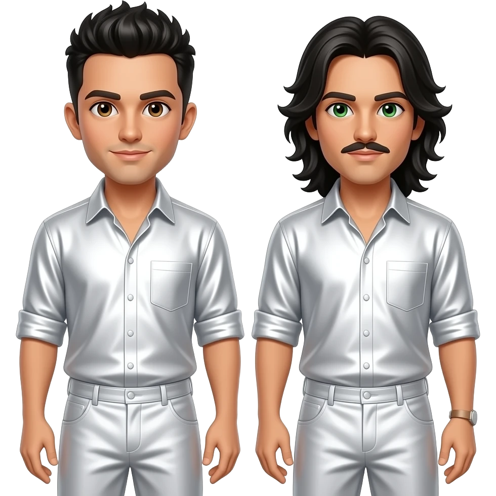 Backstreet Boys with Howie with brown eyes, black hair, white metallic shirt and baggy pants, Kevin with green eyes, long black hair and short mustache, white metallic shirt and baggy pants emoji