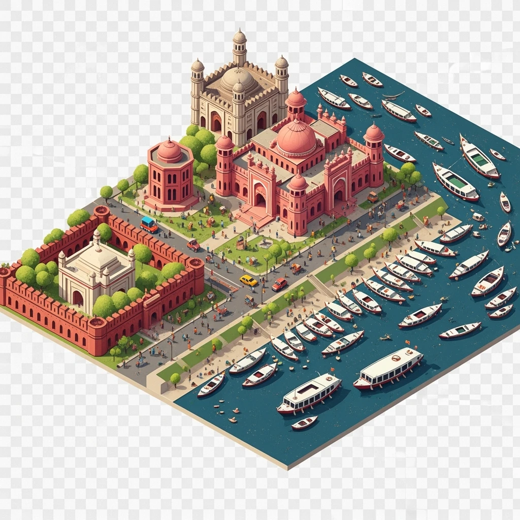 Isometric minimalistic illustration of Dhaka – Lalbagh Fort, Ahsan Manzil, bustling river boats, dirty colorful streets, subtle 3D miniature effect and Tilt Shift effect, no cartoonish look, transparent background. emoji