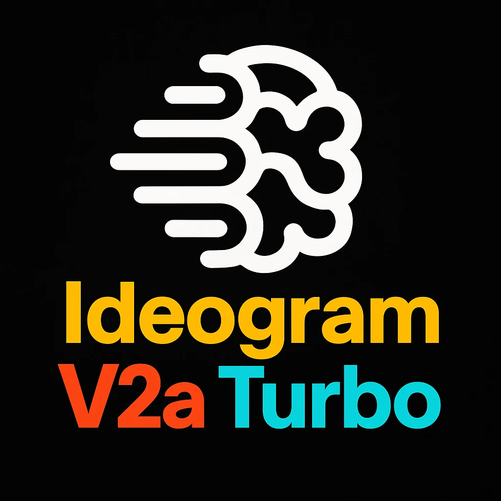 make a non gradient solid but colorful text of "Ideogram V2a Turbo", black background, add this logo too,  emoji