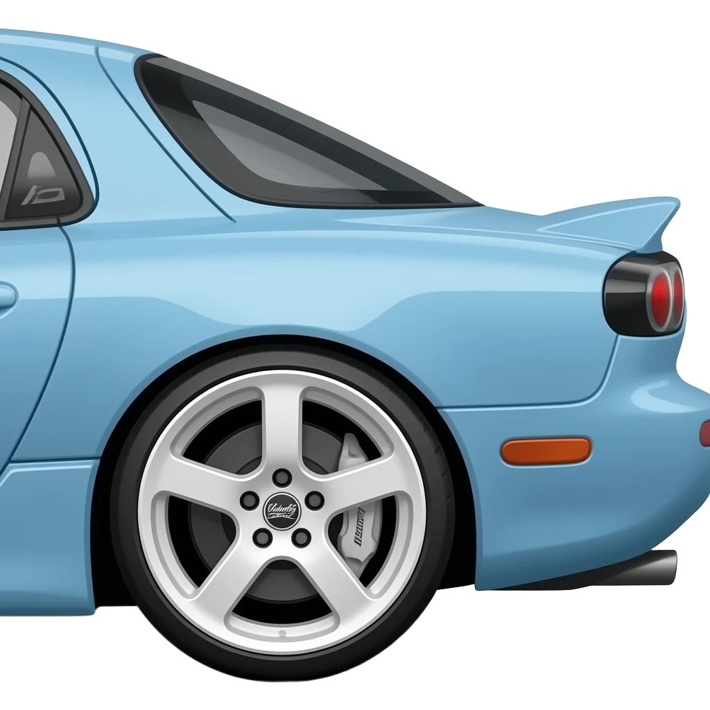A light blue customised Mazda Rx7 with white rims with the word Velocity underneath it emoji