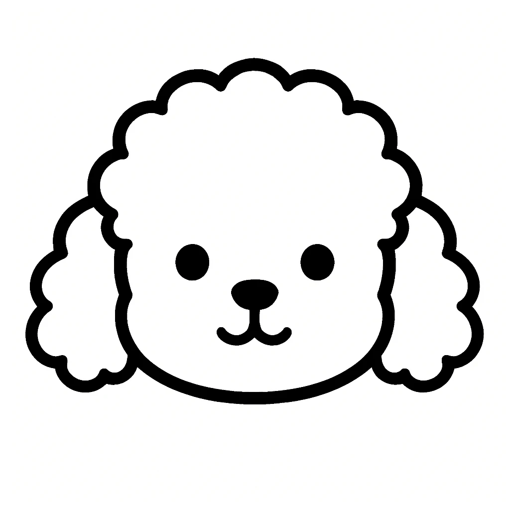 kawaii minimalist cartoon dog head inspired by poodle: round, fluffy head, curly droopy ears, wide-set dot eyes, tiny round nose, upside-down 'Y' mouth. thick, bold black lines only, white background, no color or shading. calm, gentle, symmetrical, and cozy. slight hand-drawn feel, very polished, perfect for stickers or coloring books. emoji