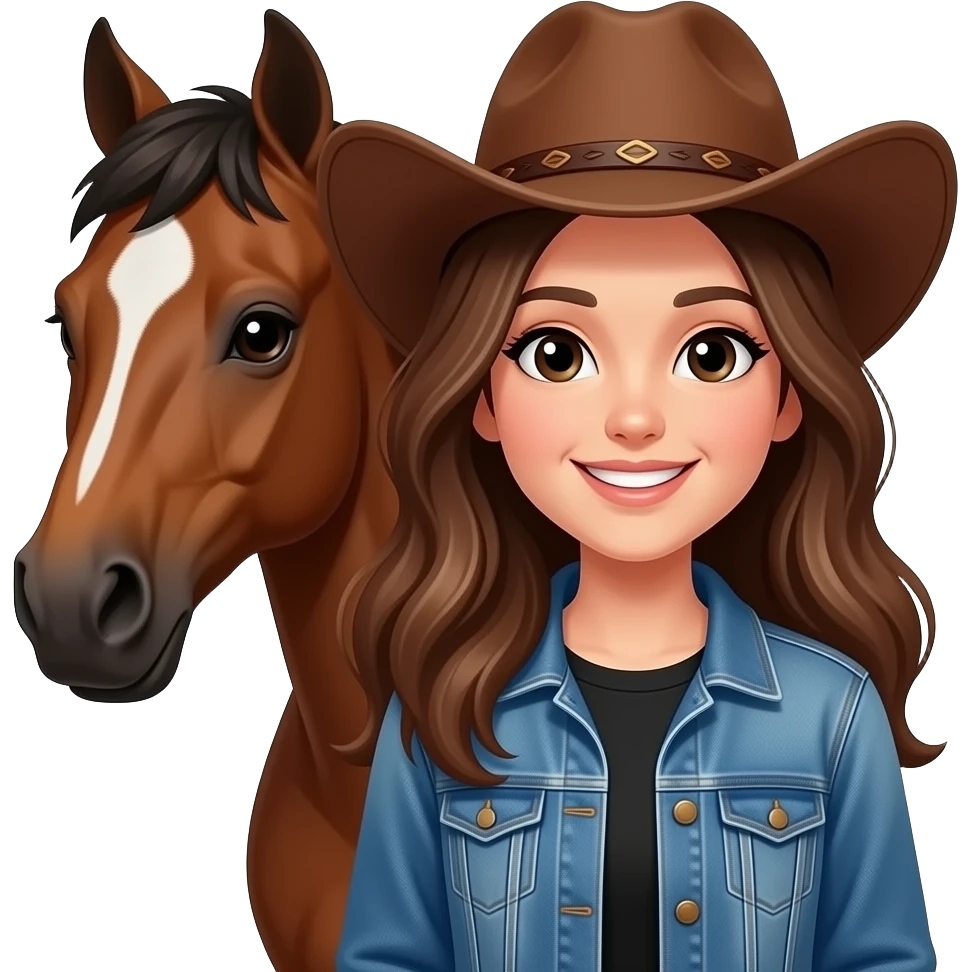 Girl with long brown hair, with black eyes, smiling, wearing a denim jacket and black shirt and brown cowgirl hat, next to her brown horse that has a white spot on her forehead. emoji