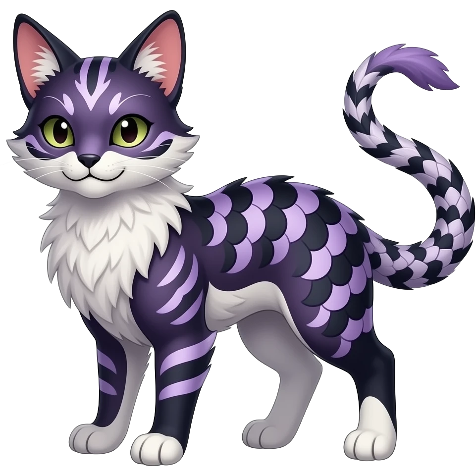 Slim elegant realistic Oriental Asian Furry, tribal-marked-patterned feathery fluffy tropical flecked painted feathery scaly, Purple, white, black, Minccino-Bambino-Lykoi-Linoone-Zangoose-fusion-hybrid-animal-Fakémon-creature, full body, thin long sleek scaly tail, intricate markings emoji