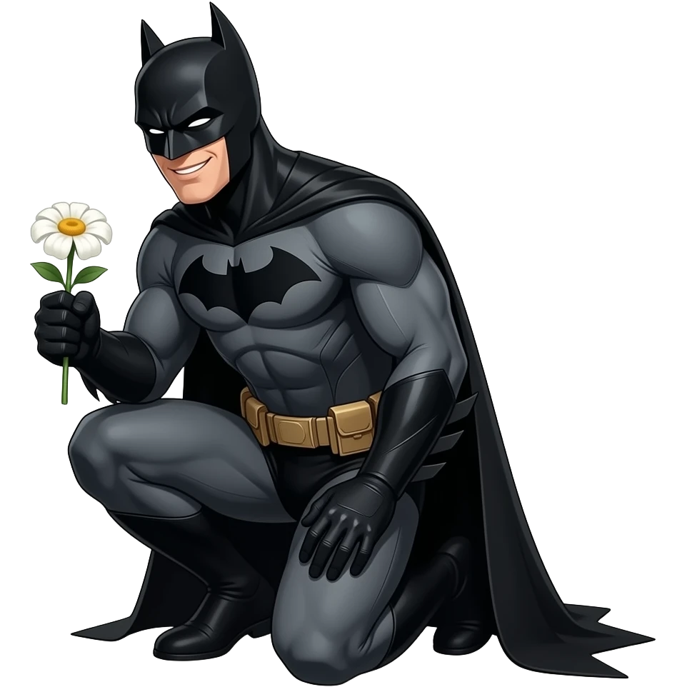 batman( full black armored suit) proposing to someone with white flower on knees(don't show the girl), only happy, batman (a bit side angle) emoji