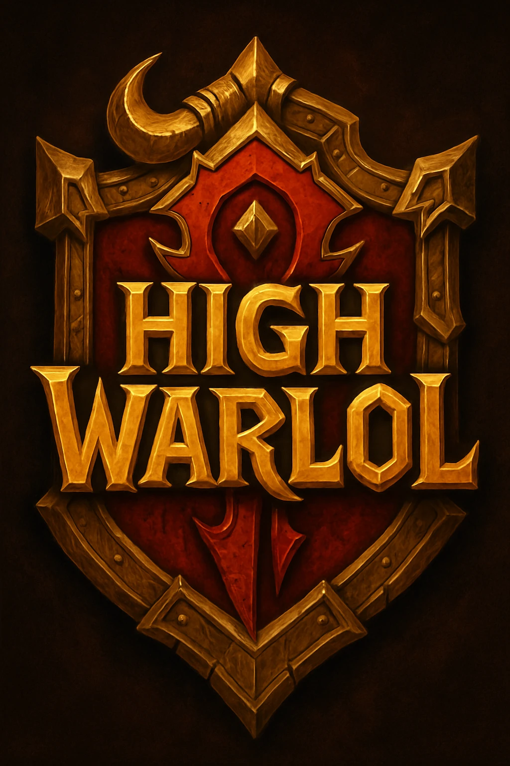 fantasy badge or emblem inspired by World of Warcraft, featuring the title 'High Warlol' in a bold, epic style, with ornate gold and red elements, reminiscent of Horde insignia, dramatic lighting, sense of power and humor emoji