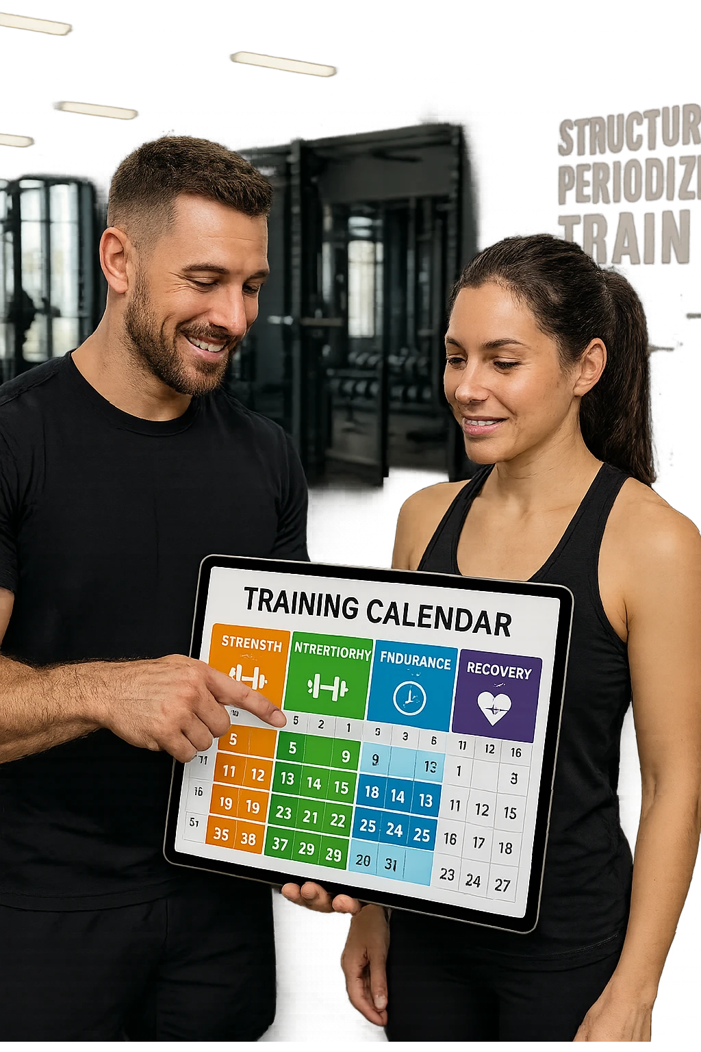 a personal trainer and a client stand in a modern gym, reviewing a large, color-coded training calendar or chart on a tablet. The calendar shows different phases (strength, hypertrophy, endurance, recovery) with icons and dates. Around them, gym equipment and motivational posters reinforce the idea of structured, periodized training. emoji