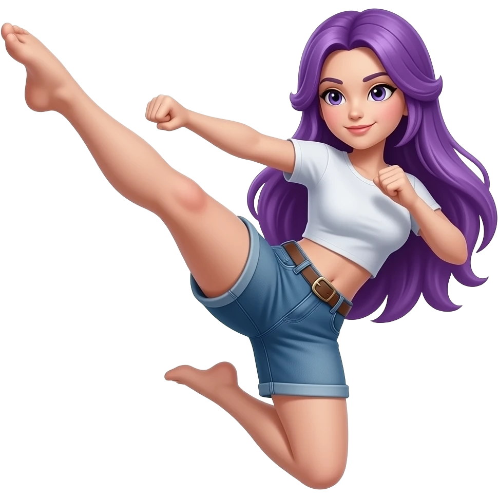 sexy girl with long purple hair is doing a kick emoji