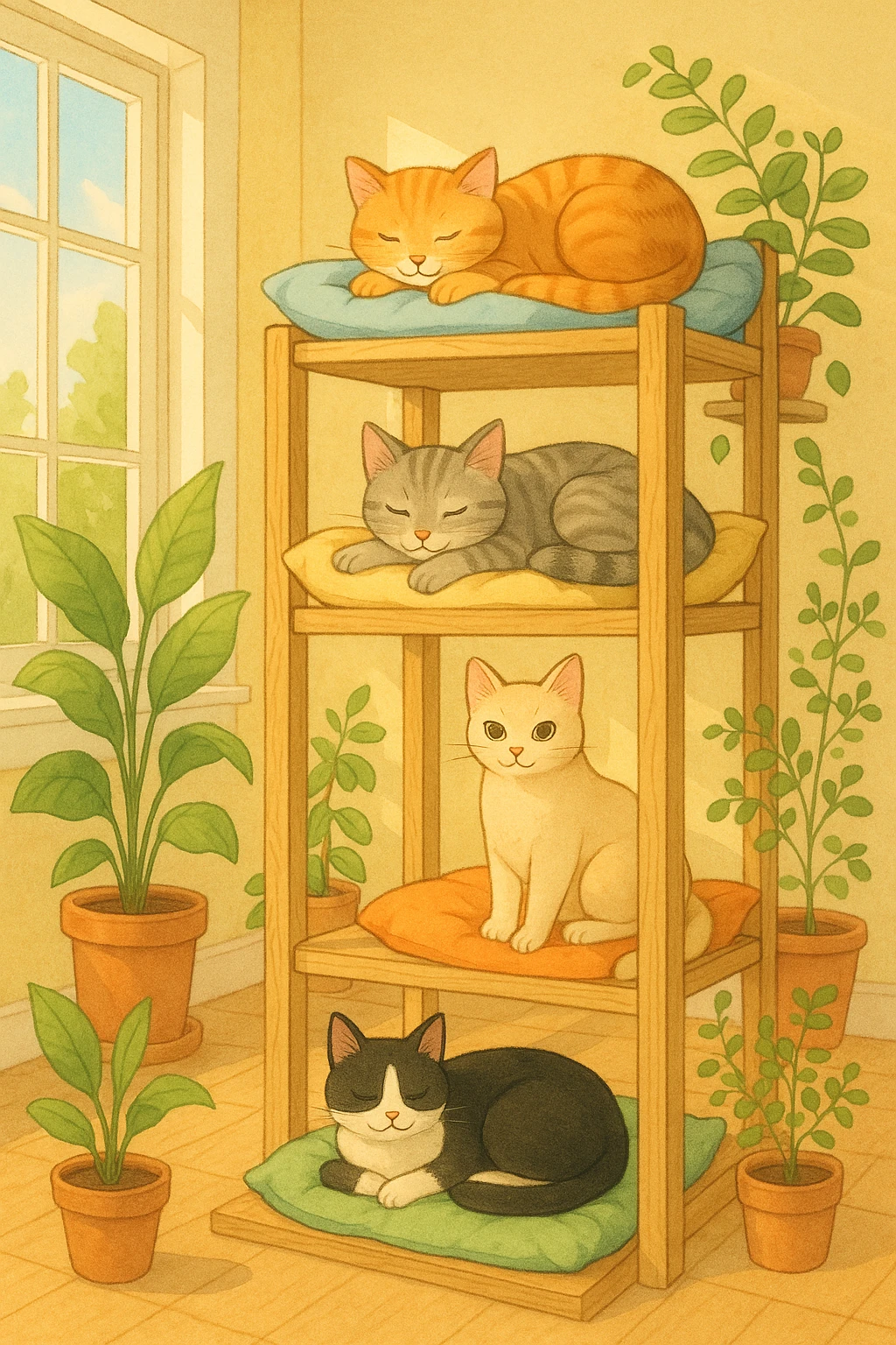 cats relaxing in a vertical playhouse emoji