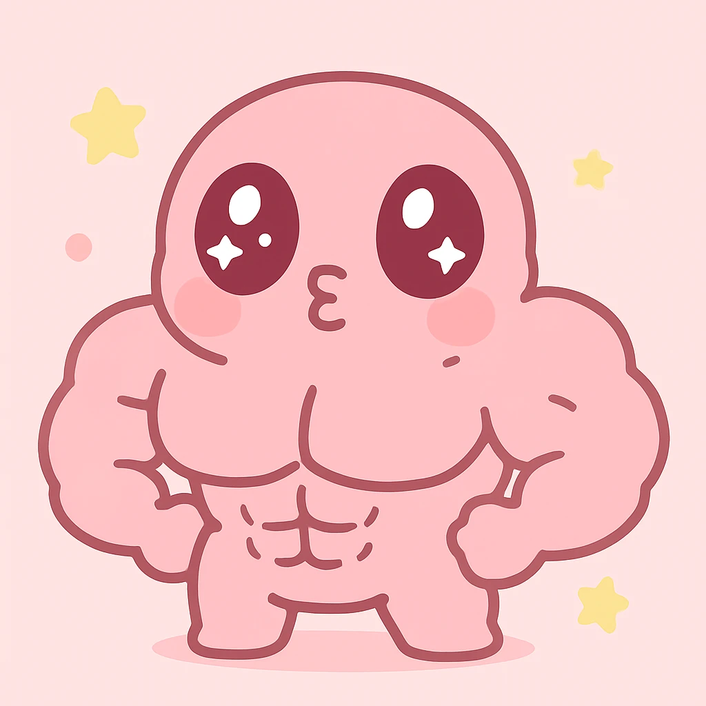 Make the kawaii character look buff and muscular, keep the pretty pink style, exaggerated eyes, pouty lips, cute and dumb expression. emoji