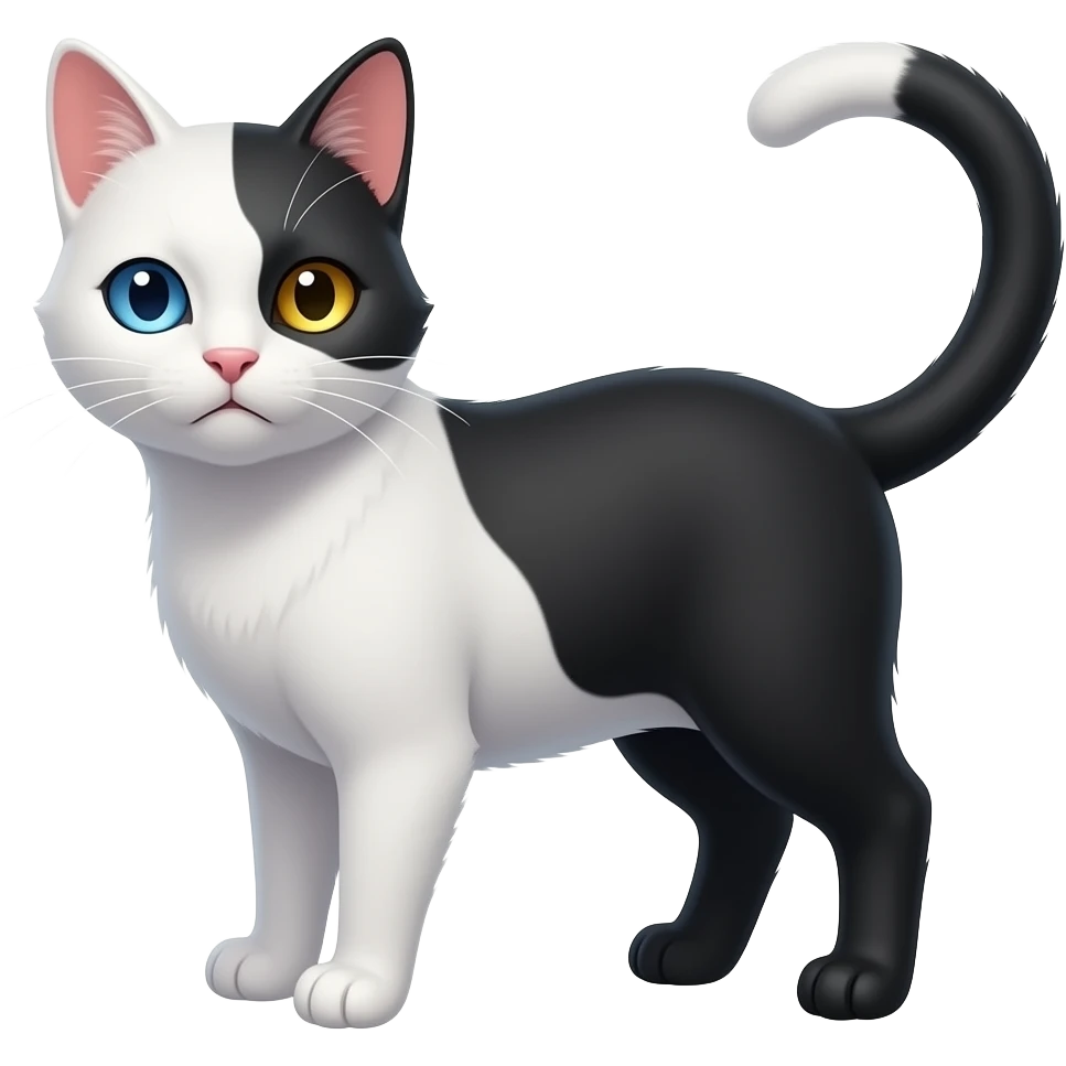 Chimera cat; one sad is white with blue eye, the other side is black with golden eye emoji