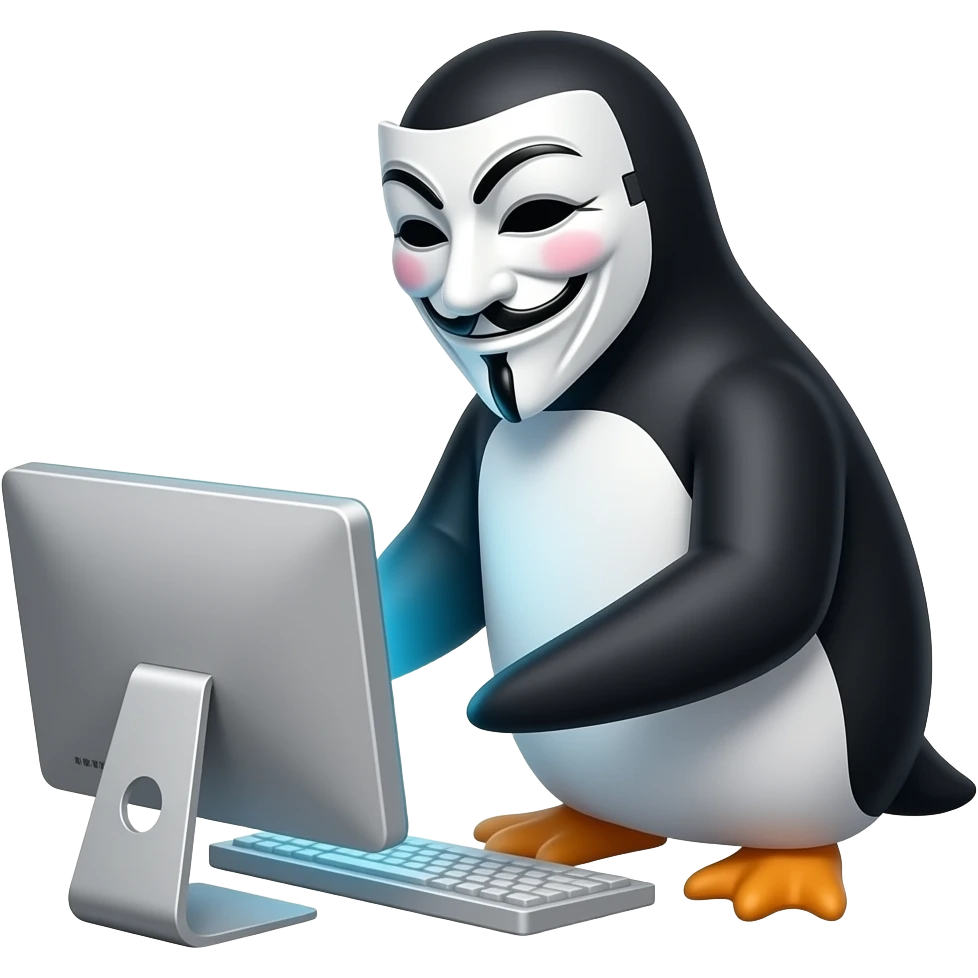 make a penguin hacking a computer, make it look like the anonymous emoji