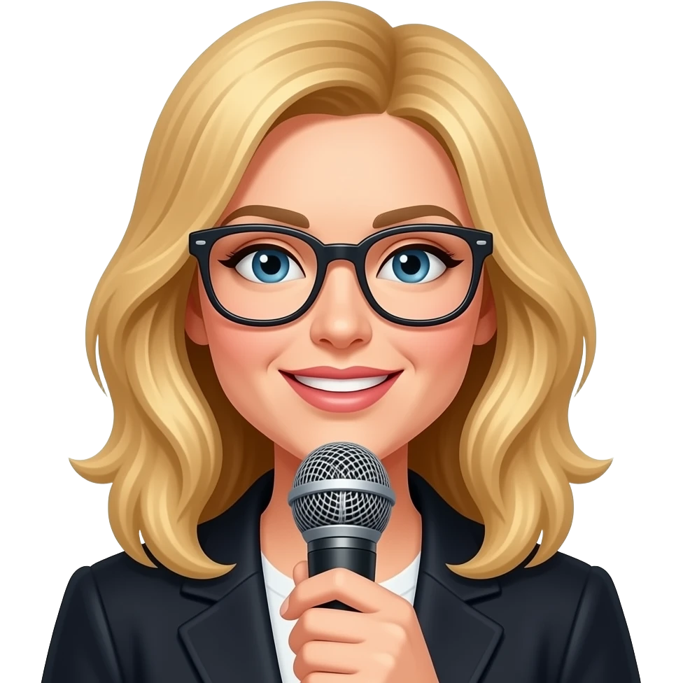 a lady singer with with golden hairs hold a mic and wear glasses front view close up with half body emoji