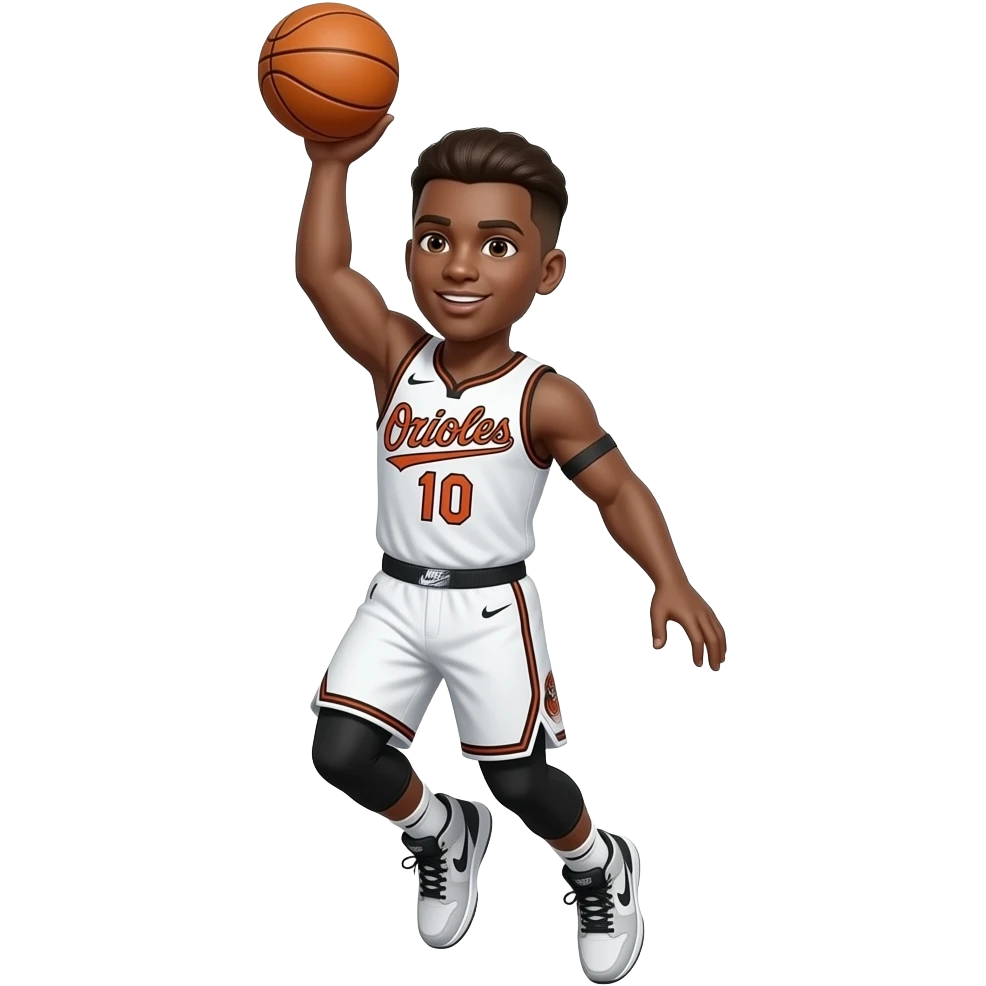 make a brown 22 year old with a brown low taper fade wearing the number 10 and the jersey is white with letters saying orioles in black and the 22 year old is dunking with the hoop in nike js 3 shoes emoji