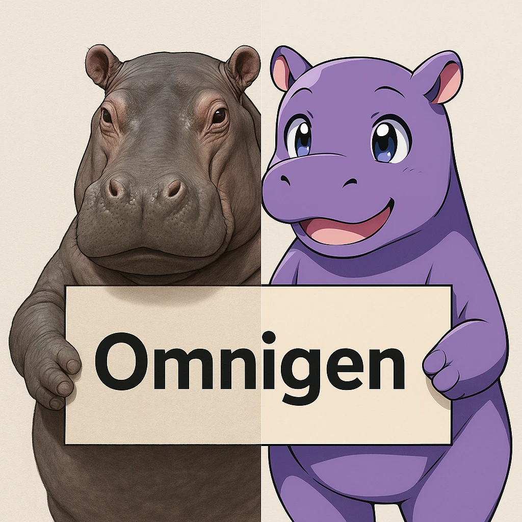 two hippo holding sign of omnigen, half picture 1 hippo is realistic another half is the anime of that same second hippo emoji