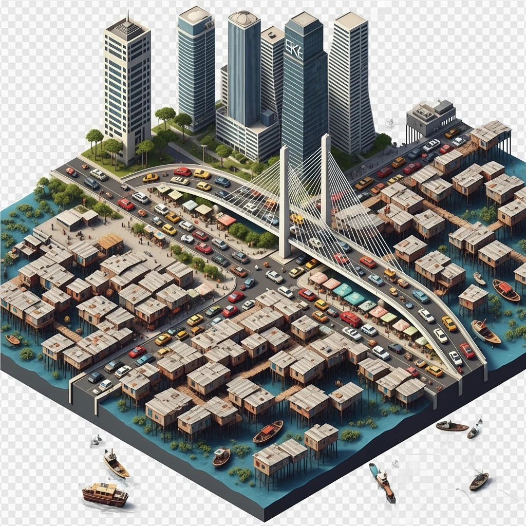 Isometric miniature of Lagos Lekki-Ikoyi Bridge, Eko Atlantic skyscrapers, Makoko slums, tin-roof shacks, chaotic markets, gridlocked traffic, 3D miniature effect and Tilt Shift effect, no cartoonish look, transparent background, don't cut angles emoji