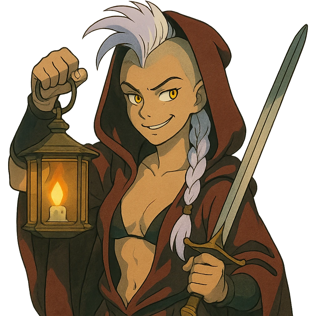 A sword maiden, mohawk, long braid white hair with lavender tips, gold yellow eyes, blood red and black revealing hoodie, brandishing a lantern. Mischievous smirk emoji